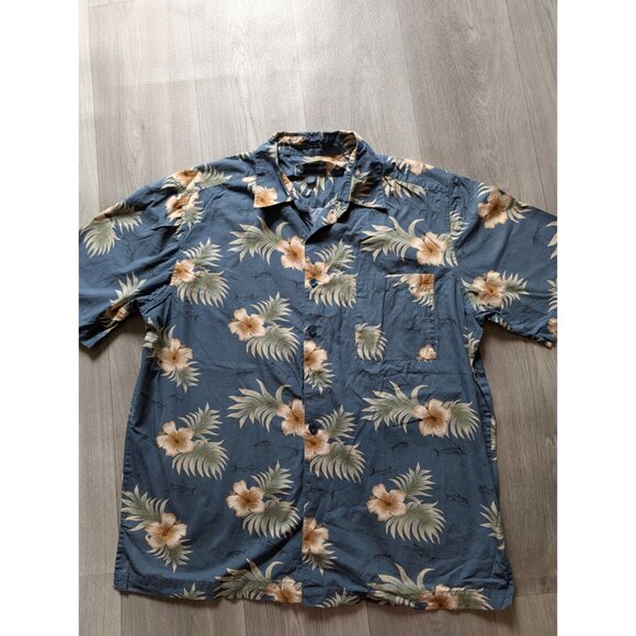 Vintage Weekender Hawaiian Shirt Blue Beige Hibiscus Palm Casual Button-Up XXL - Picture 4 of 9